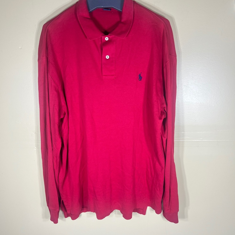 Polo Ralph Lauren Mens Large Red Long Sleeve Cotton Polo Shirt Navy Pony Logo
